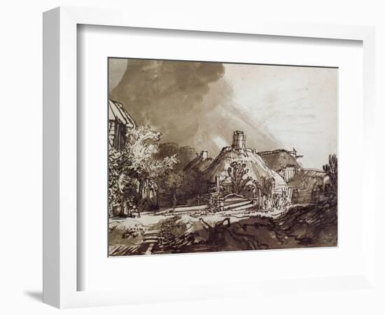 Houses Under a Stormy Sky, Pen and Brown Ink Drawing-Rembrandt van Rijn-Framed Giclee Print