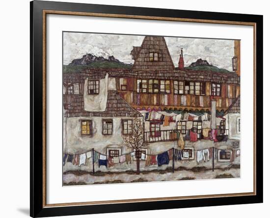 Houses with Clothes Drying, 1917-Egon Schiele-Framed Giclee Print