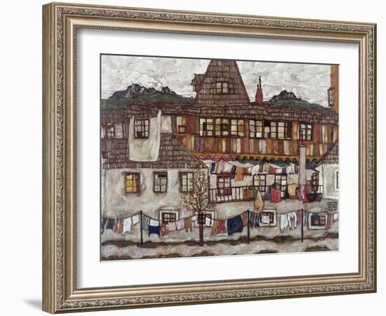 Houses with Clothes Drying, 1917-Egon Schiele-Framed Giclee Print