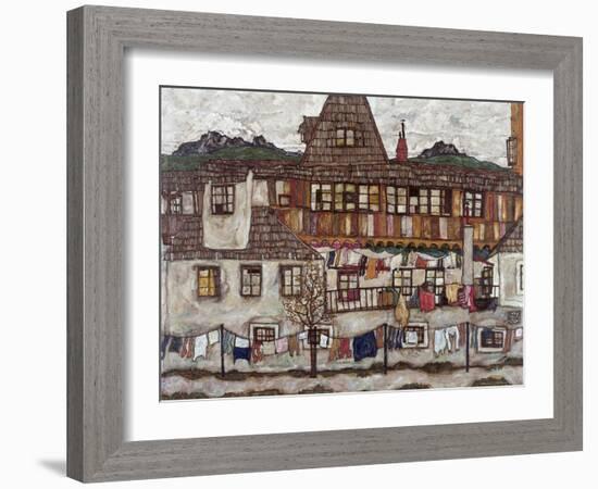 Houses with Clothes Drying, 1917-Egon Schiele-Framed Giclee Print