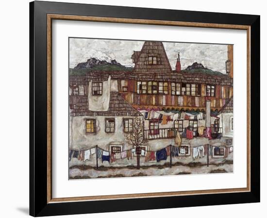Houses with Clothes Drying, 1917-Egon Schiele-Framed Giclee Print