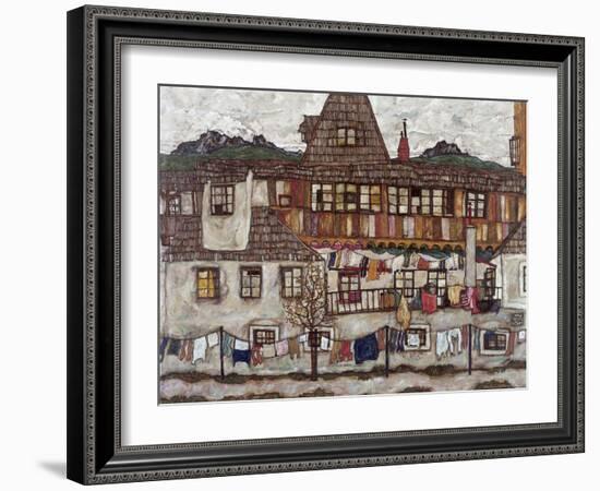 Houses with Clothes Drying, 1917-Egon Schiele-Framed Giclee Print