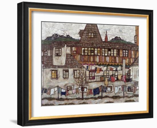 Houses with Clothes Drying, 1917-Egon Schiele-Framed Giclee Print