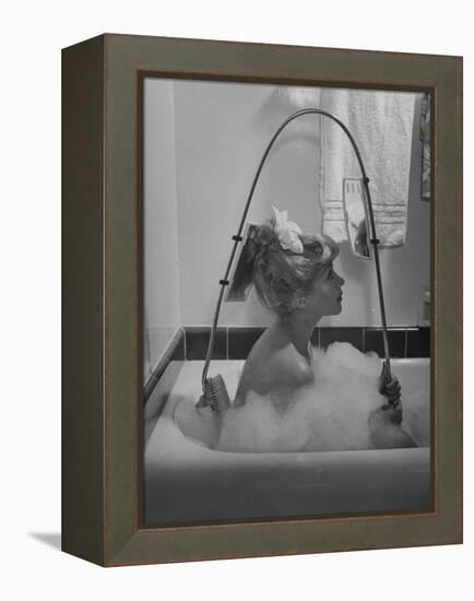 Housewife Using New Innovative Crooked Back Brush Marketed by Los Angeles Brush Manufacture, Inc-Allan Grant-Framed Premier Image Canvas