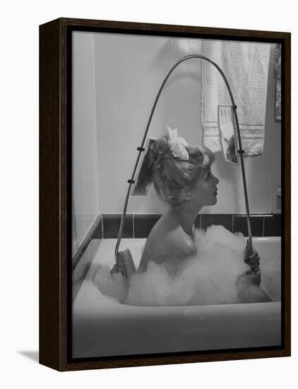 Housewife Using New Innovative Crooked Back Brush Marketed by Los Angeles Brush Manufacture, Inc-Allan Grant-Framed Premier Image Canvas