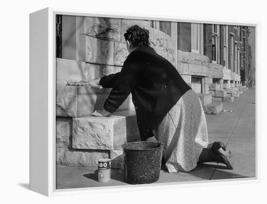 Housewife Washing Her White Stoop During Part of Her Daily Routine-Margaret Bourke-White-Framed Premier Image Canvas