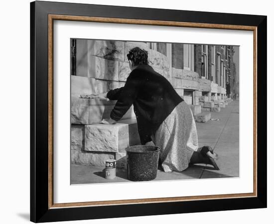 Housewife Washing Her White Stoop During Part of Her Daily Routine-Margaret Bourke-White-Framed Photographic Print