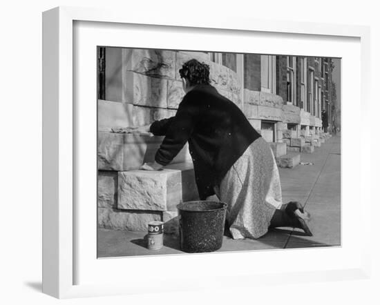 Housewife Washing Her White Stoop During Part of Her Daily Routine-Margaret Bourke-White-Framed Photographic Print