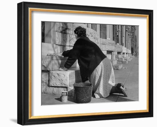 Housewife Washing Her White Stoop During Part of Her Daily Routine-Margaret Bourke-White-Framed Photographic Print
