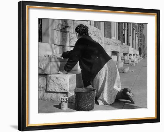 Housewife Washing Her White Stoop During Part of Her Daily Routine-Margaret Bourke-White-Framed Photographic Print