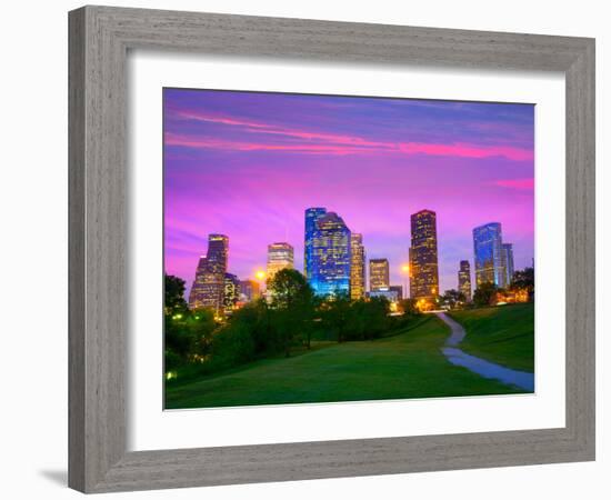 Houston Texas Modern Skyline at Sunset Twilight from Park Lawn-holbox-Framed Photographic Print