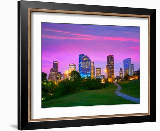 Houston Texas Modern Skyline at Sunset Twilight from Park Lawn-holbox-Framed Photographic Print