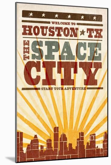 Houston, Texas - Skyline and Sunburst Screenprint Style-Lantern Press-Mounted Art Print