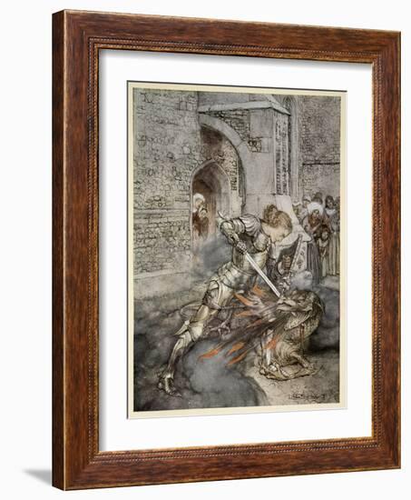 How Sir Lancelot Faught with a Friendly Dragon-Arthur Rackham-Framed Giclee Print