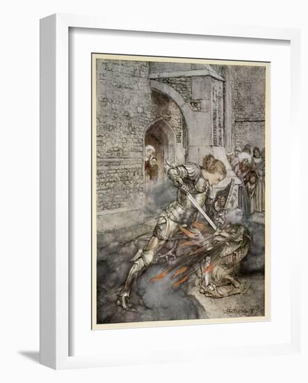 How Sir Lancelot Faught with a Friendly Dragon-Arthur Rackham-Framed Giclee Print