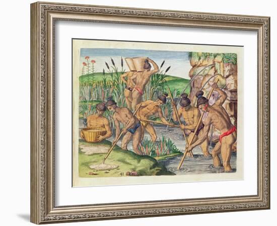 How the Indians Collect Gold from the Streams, from 'Brevis Narratio..'-Jacques Le Moyne-Framed Giclee Print