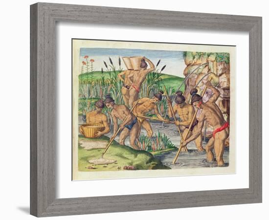 How the Indians Collect Gold from the Streams, from 'Brevis Narratio..'-Jacques Le Moyne-Framed Giclee Print