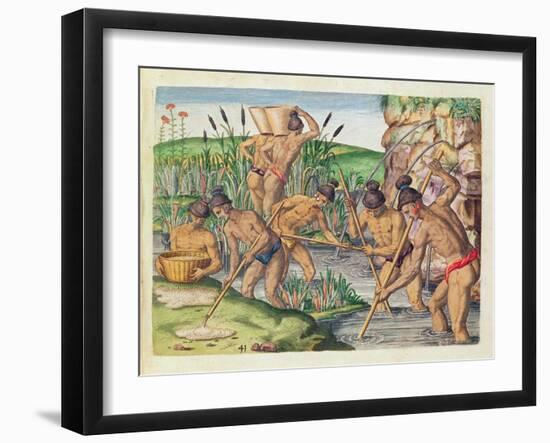 How the Indians Collect Gold from the Streams, from 'Brevis Narratio..'-Jacques Le Moyne-Framed Giclee Print