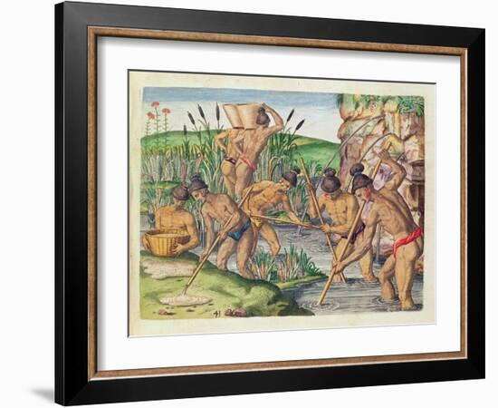 How the Indians Collect Gold from the Streams, from 'Brevis Narratio..'-Jacques Le Moyne-Framed Giclee Print