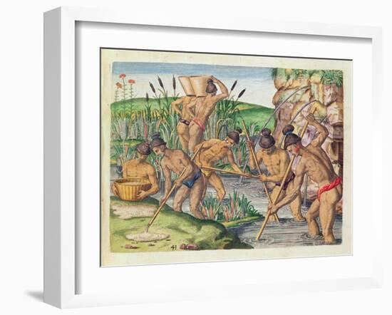 How the Indians Collect Gold from the Streams, from 'Brevis Narratio..'-Jacques Le Moyne-Framed Giclee Print