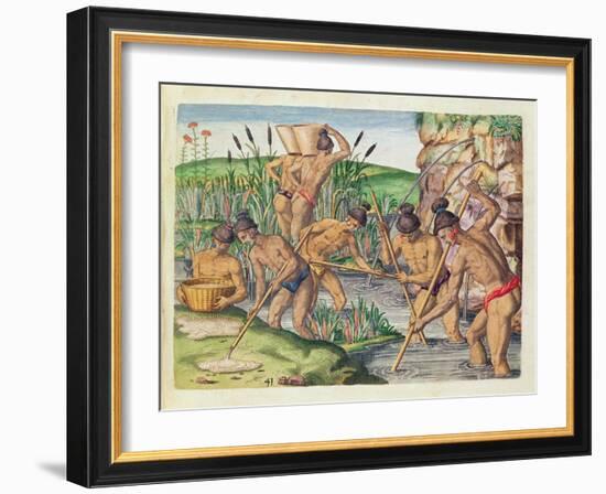 How the Indians Collect Gold from the Streams, from 'Brevis Narratio..'-Jacques Le Moyne-Framed Giclee Print