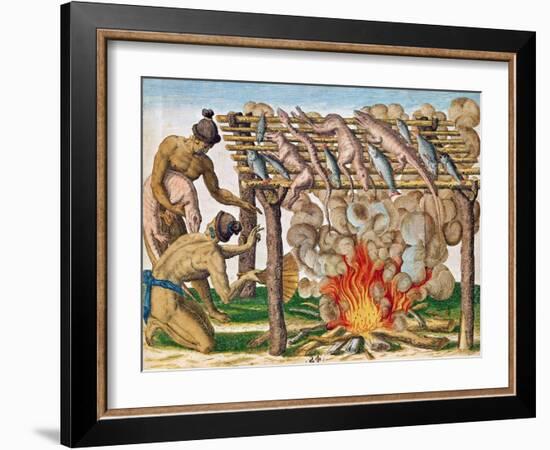 How to Grill Animals, from "Brevis Narratio...", Published by Theodore de Bry, 1591-Theodor de Bry-Framed Giclee Print