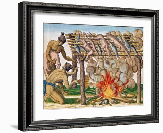 How to Grill Animals, from "Brevis Narratio...", Published by Theodore de Bry, 1591-Theodor de Bry-Framed Giclee Print