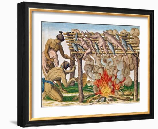 How to Grill Animals, from "Brevis Narratio...", Published by Theodore de Bry, 1591-Theodor de Bry-Framed Giclee Print