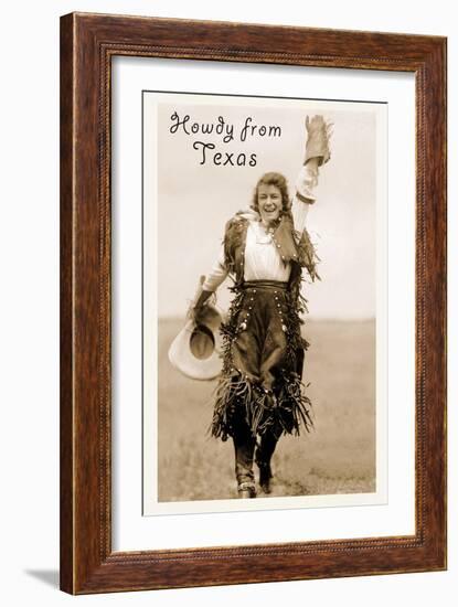 Howdy from Texas, Waving Cowgirl-null-Framed Premium Giclee Print