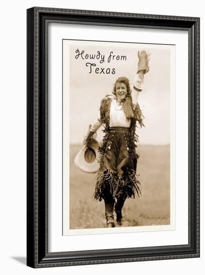 Howdy from Texas, Waving Cowgirl-null-Framed Premium Giclee Print