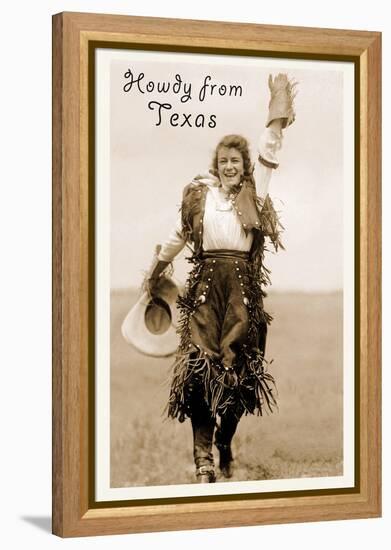 Howdy from Texas, Waving Cowgirl-null-Framed Stretched Canvas