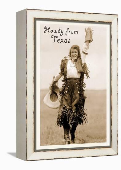 Howdy from Texas, Waving Cowgirl-null-Framed Stretched Canvas