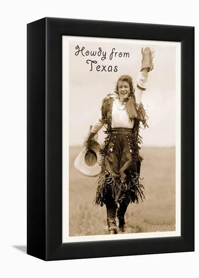 Howdy from Texas, Waving Cowgirl-null-Framed Stretched Canvas