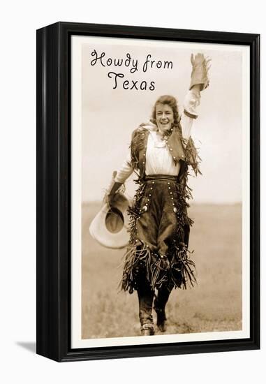 Howdy from Texas, Waving Cowgirl-null-Framed Stretched Canvas