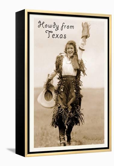 Howdy from Texas, Waving Cowgirl-null-Framed Stretched Canvas