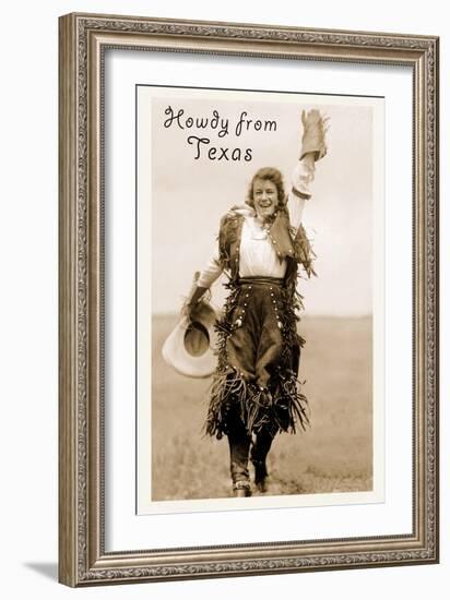 Howdy from Texas, Waving Cowgirl-null-Framed Art Print