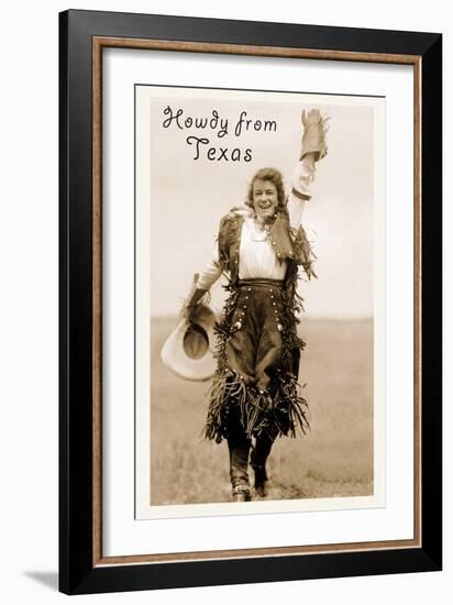 Howdy from Texas, Waving Cowgirl-null-Framed Art Print