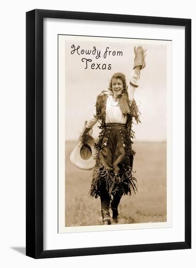 Howdy from Texas, Waving Cowgirl-null-Framed Art Print