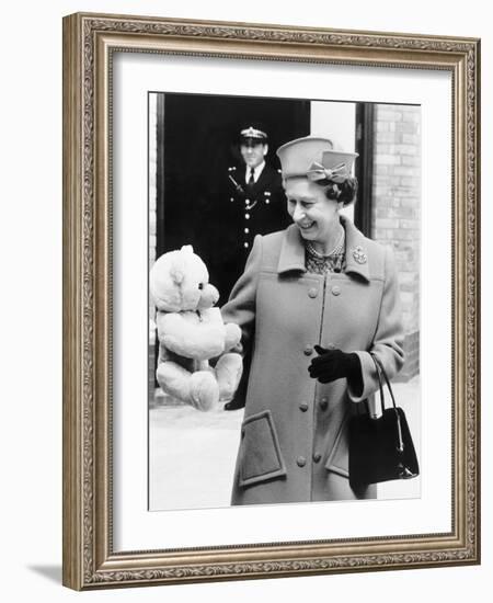 Hrh Queen Elizabeth II with Teddy Bear For Princess Beatrice June 1989-null-Framed Photographic Print