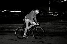 Fashion Man on the Fixed Gear Bike Rides around the City at Night. Black and White-Hrynevich Yury-Photographic Print