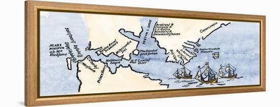 Hudson's Map of His Voyages in the Arctic, Published in 1612-null-Framed Premier Image Canvas