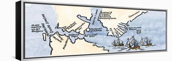 Hudson's Map of His Voyages in the Arctic, Published in 1612-null-Framed Premier Image Canvas