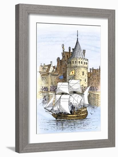 Hudson's Ship, Half-Moon, Leaving Amsterdam for the New World, c.1609-null-Framed Giclee Print