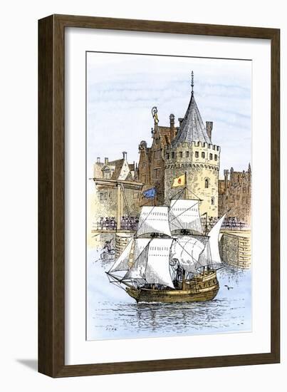 Hudson's Ship, Half-Moon, Leaving Amsterdam for the New World, c.1609-null-Framed Giclee Print