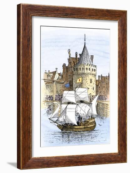 Hudson's Ship, Half-Moon, Leaving Amsterdam for the New World, c.1609-null-Framed Giclee Print