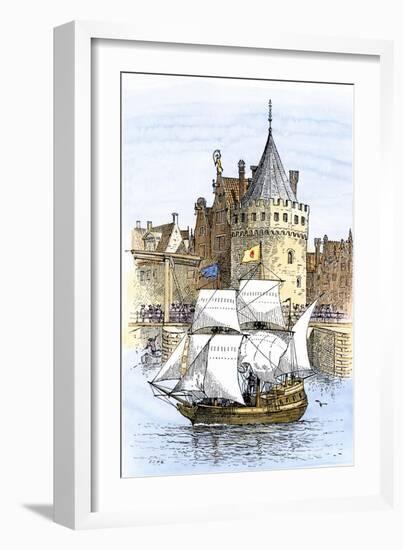Hudson's Ship, Half-Moon, Leaving Amsterdam for the New World, c.1609-null-Framed Giclee Print
