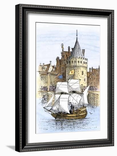 Hudson's Ship, Half-Moon, Leaving Amsterdam for the New World, c.1609-null-Framed Giclee Print