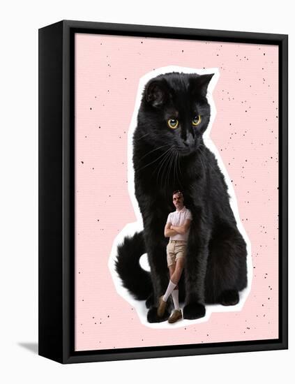 Huge Black Cat and Tiny Stylish Man, Dude Standing near Pet. Contemporary Art Collage, Modern Desig-master1305-Framed Premier Image Canvas