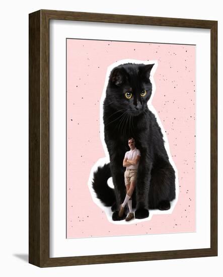 Huge Black Cat and Tiny Stylish Man, Dude Standing near Pet. Contemporary Art Collage, Modern Desig-master1305-Framed Photographic Print