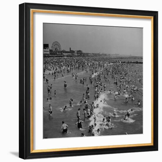 Huge Crowd Gathered in the Surf and at the Beach in Front of Coney Island Amusement Park-Marie Hansen-Framed Photographic Print